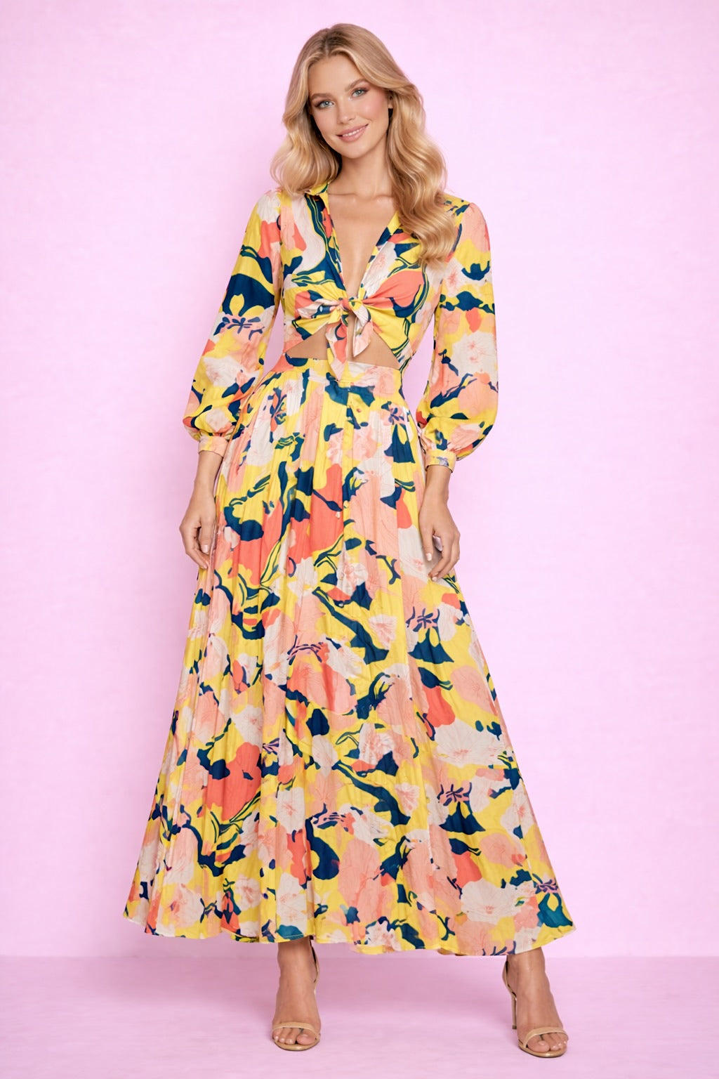 Robe longue pour femme Dressie Dress à motif floral abstrait, col chemise, manches longues et taille haute, nouée à l'avant