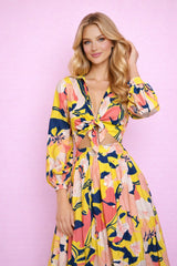 Robe longue femme imprimée floral abstrait avec col chemise, manches longues, taille haute et nouée devant, marque Dressie Dress
