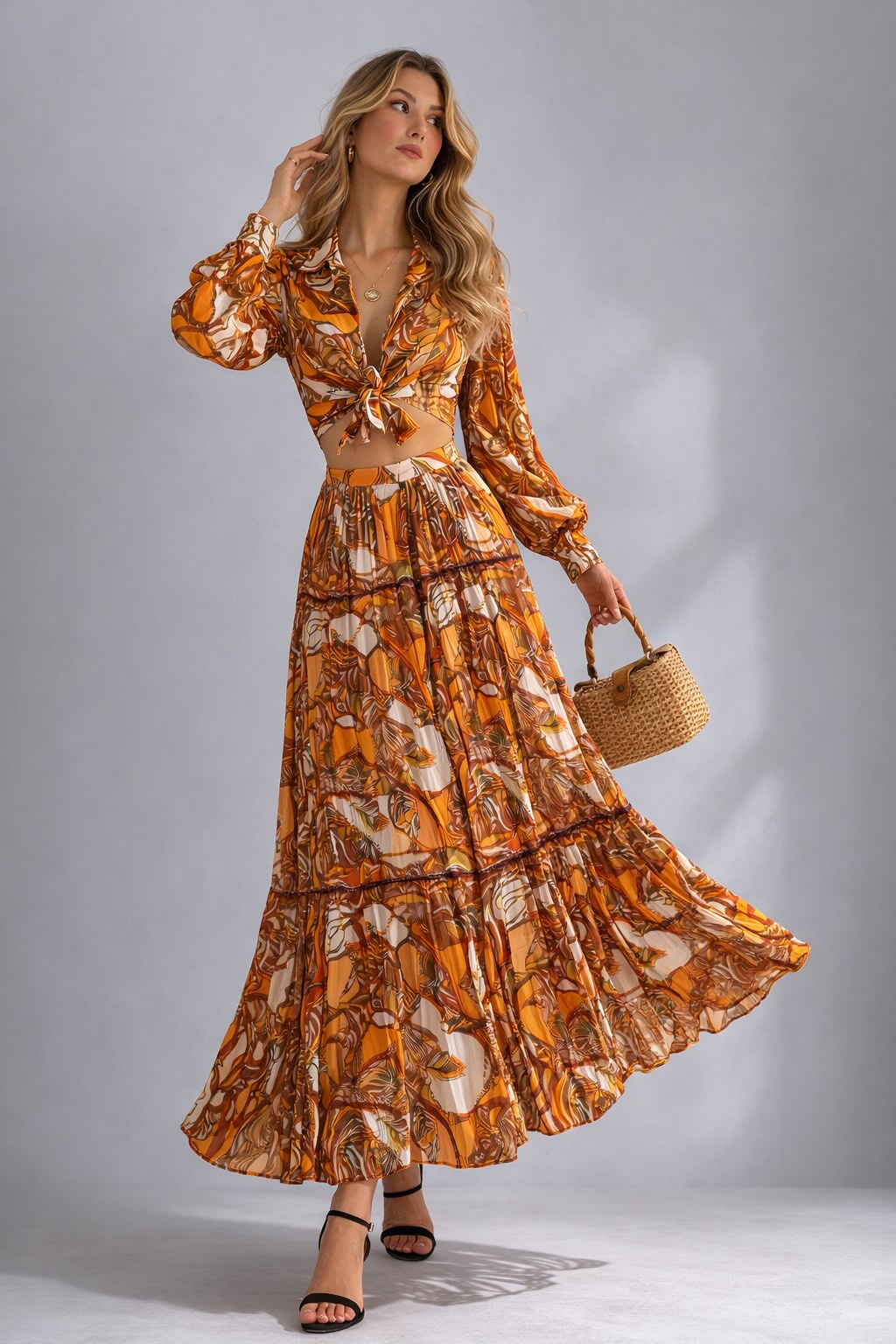 Femme Robe imprimée longue style bohème avec col chemise manches longues décolleté V profond lien à nouer devant découpes à la taille taille élastiquée et jupe plissée fluide | Dressie Dress - Dressie Dress