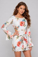 Robe femme imprimée fleurie avec découpes à la taille, jupe portefeuille nouée, manches longues volantées, marque Dressie Dress