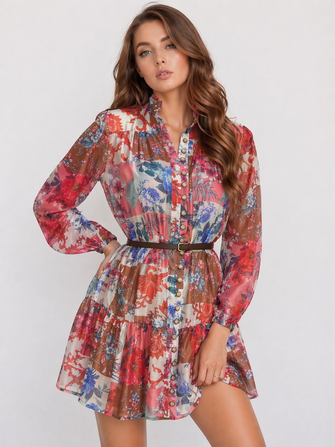 Robe chemise courte imprimée patchwork floral pour femme avec col montant, boutons, manches bouffantes, ceinture fine et ourlet volanté.