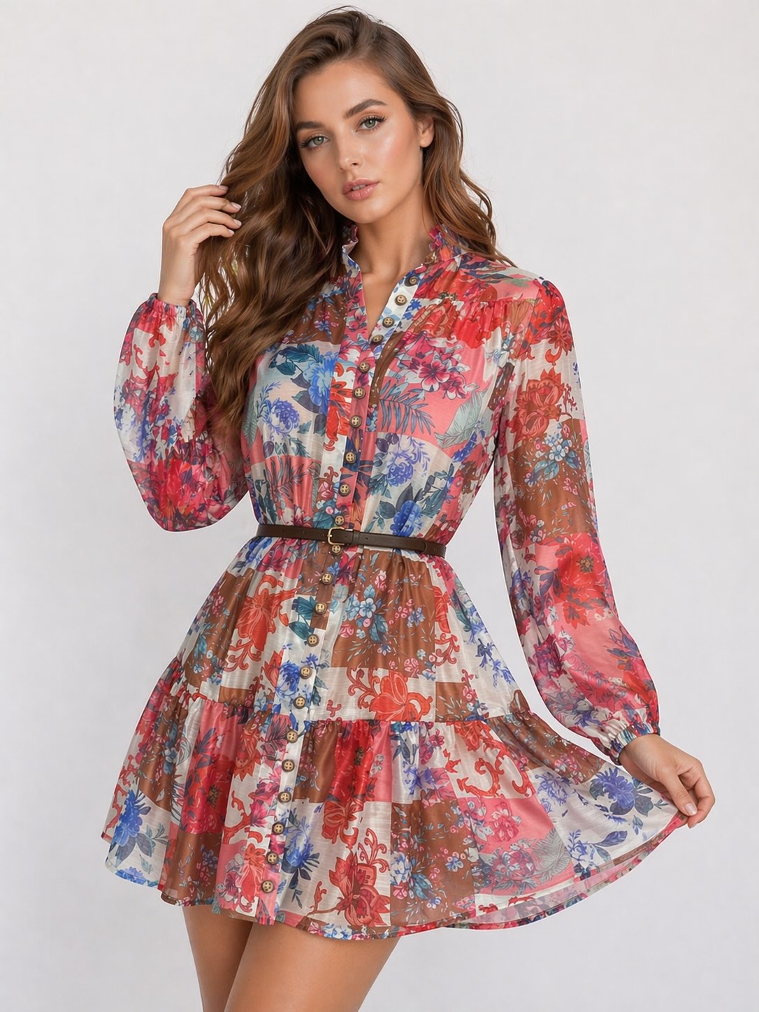 Robe chemise courte fleurie avec col montant, manches bouffantes, ceinture fine et ourlet volanté, par Dressie Dress