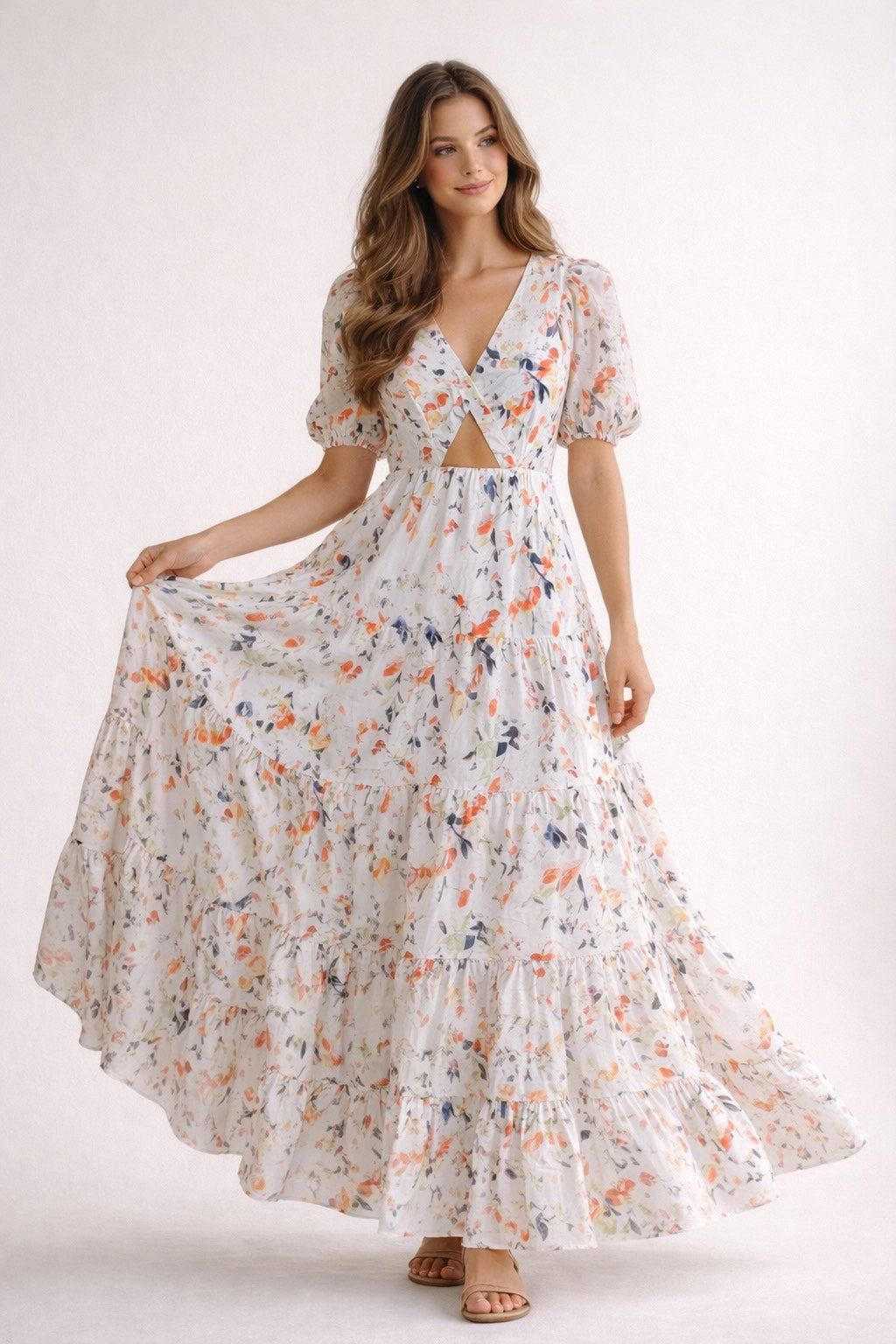 Robe longue à fleurs pour femme, décolleté en V, taille haute, jupe à volants, marque Dressie Dress, look élégant et féminin