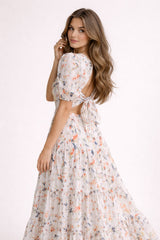 Robe longue à fleurs pour femme, décolleté en V, taille haute et jupe à volants, marque Dressie Dress.