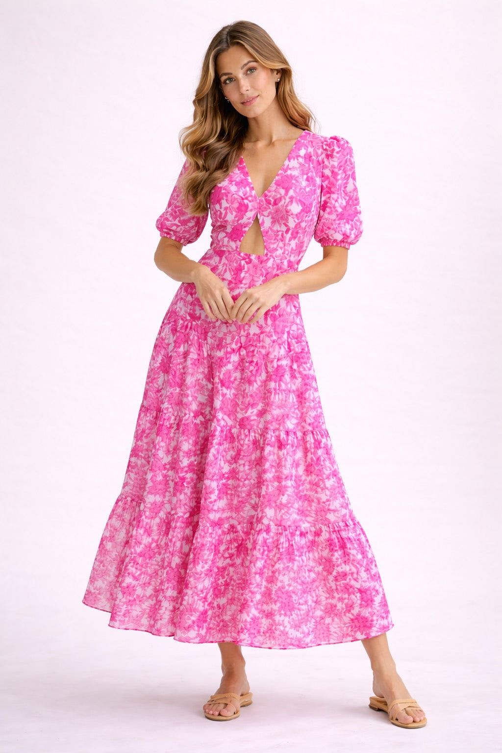 Robe longue pour femme Dressie Dress à fleurs, décolleté en V, taille haute et jupe à volants, style élégant et féminin