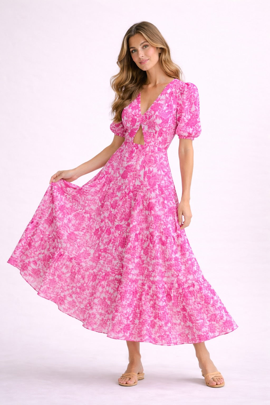 Robe longue à fleurs pour femme, décolleté en V, taille haute, jupe à volants, marque Dressie Dress, style élégant et floral