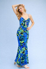 Robe longue femme Dressie Dress imprimée feuillage bleu, bretelles fines, ouverture devant, dos dégagé, robe d’été élégante.
