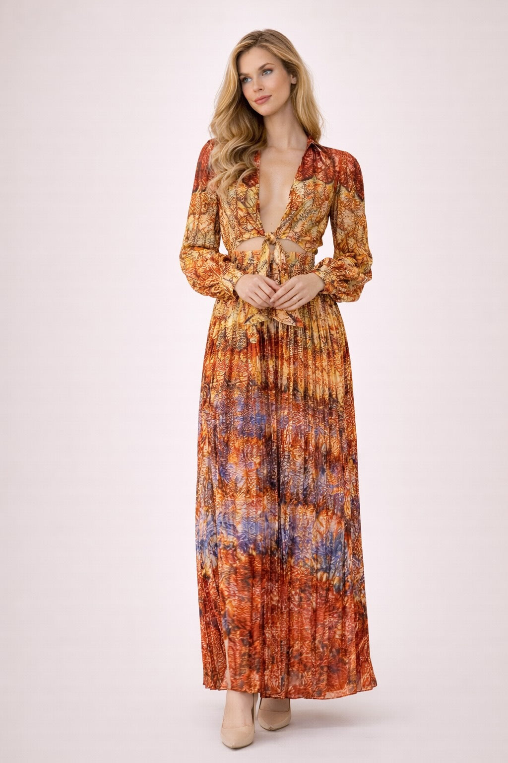 Robe longue imprimée pour femme de style rétro chic avec décolleté profond, nœud devant, taille ajourée et jupe plissée, Dressie Dress