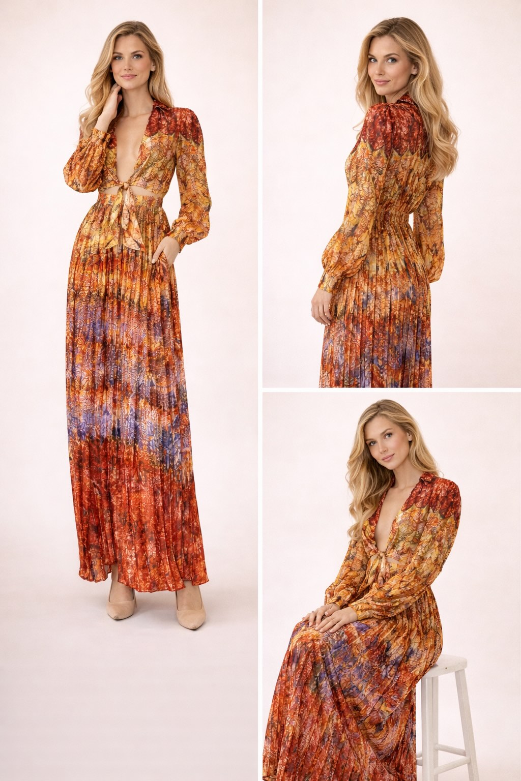 Robe longue imprimée femme Dressie Dress avec décolleté profond, nœud devant, taille ajourée et jupe plissée élégante.