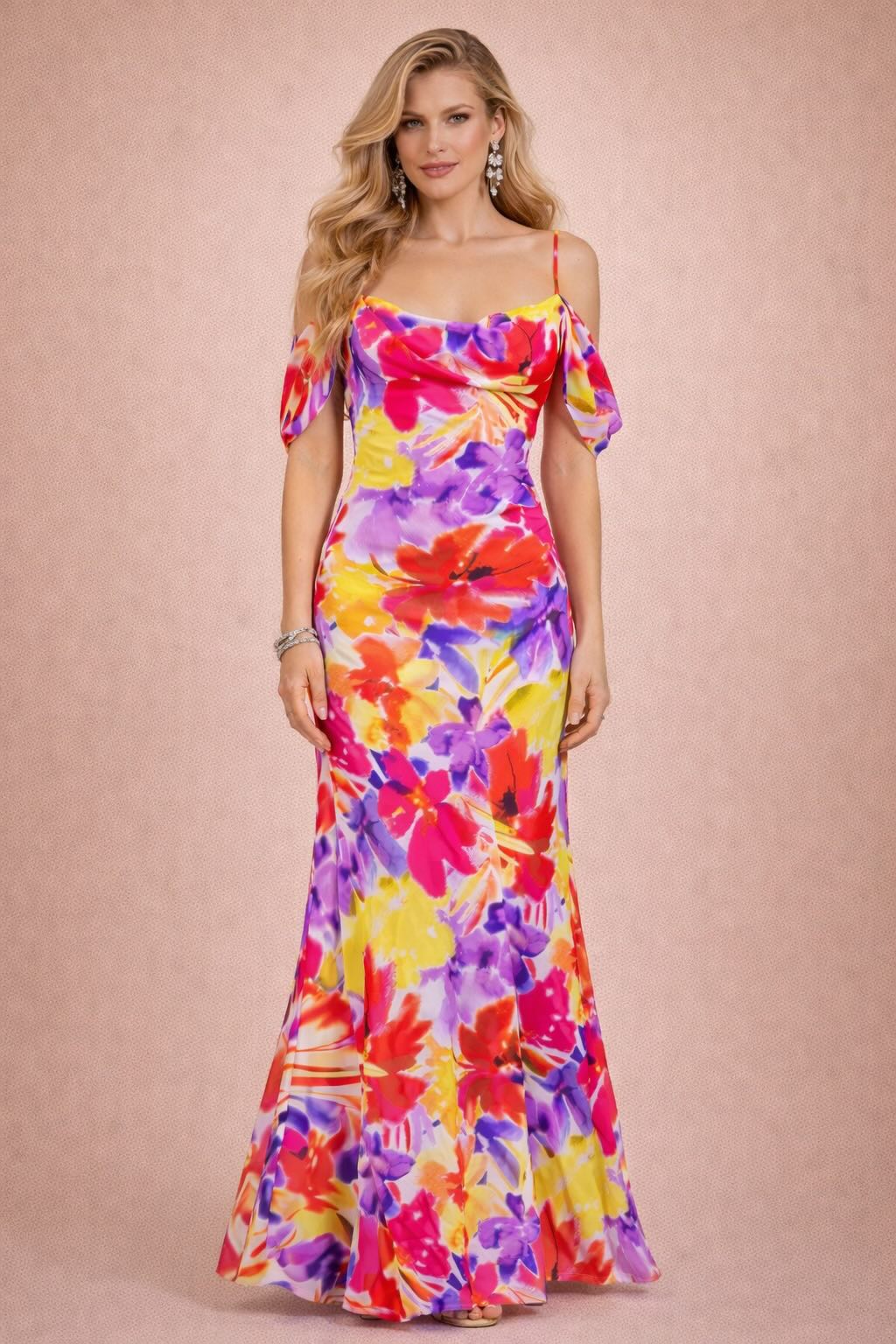 Femme Robe imprimée longue moulante à bretelles avec épaules dénudées encolure drapée et dos échancré | Dressie Dress - Dressie Dress