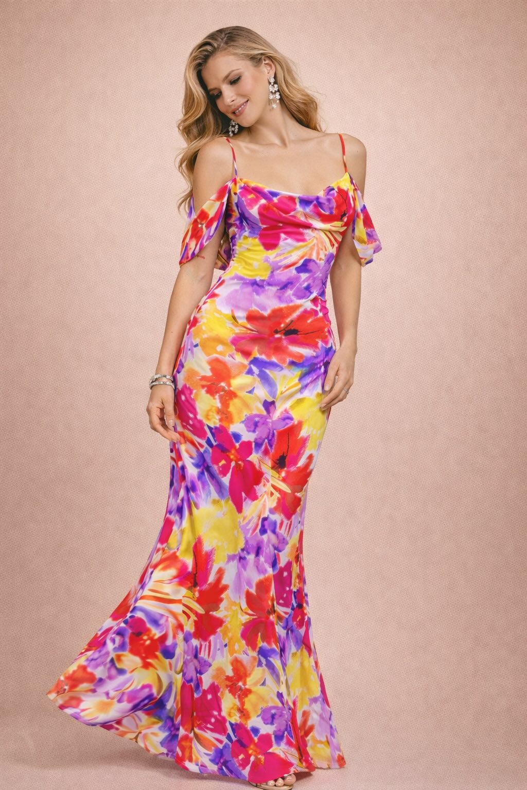 Femme Robe imprimée longue moulante à bretelles avec épaules dénudées encolure drapée et dos échancré | Dressie Dress - Dressie Dress