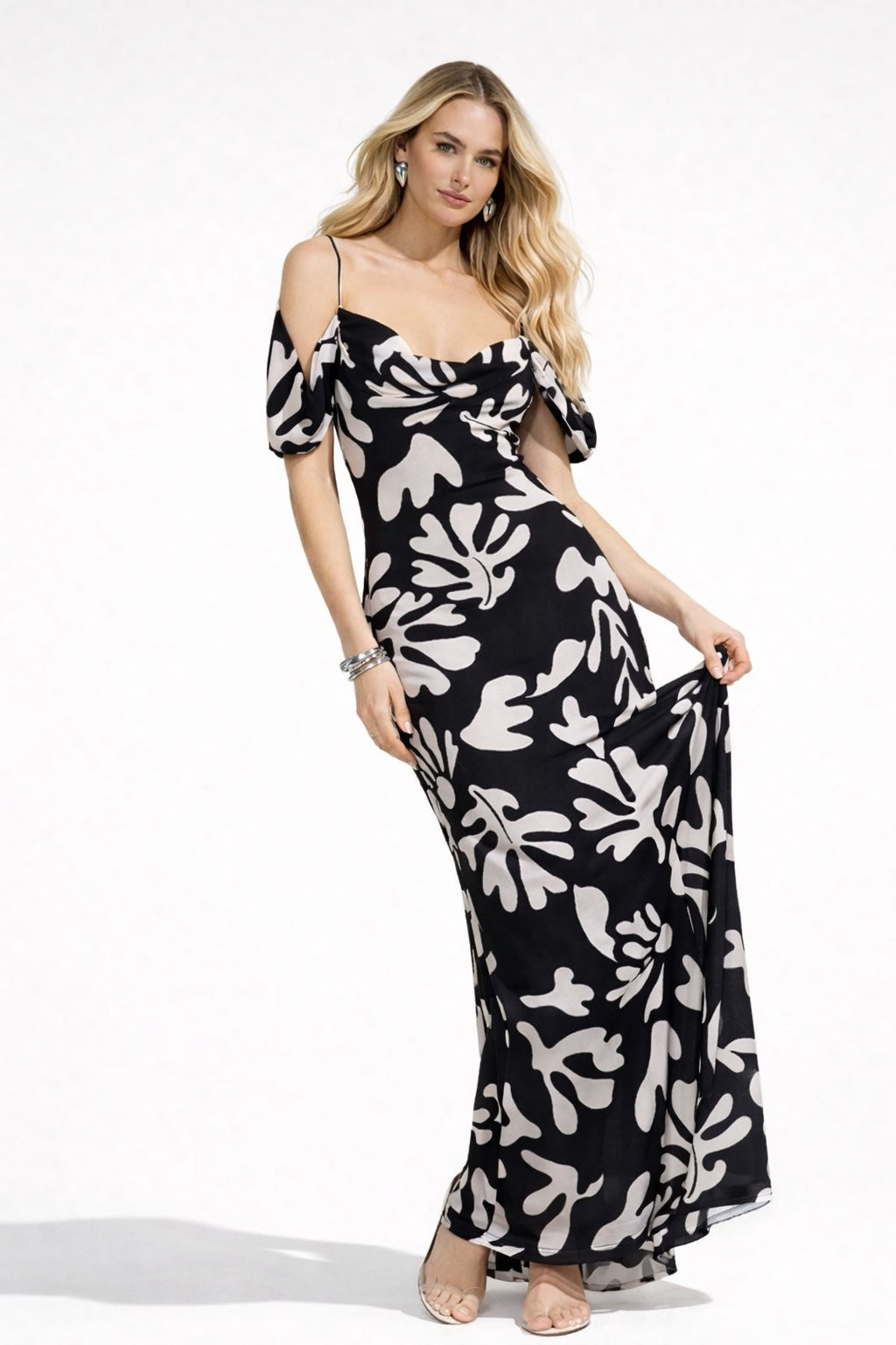 Femme Robe imprimée longue moulante à bretelles avec épaules dénudées encolure drapée et dos échancré | Dressie Dress - Dressie Dress