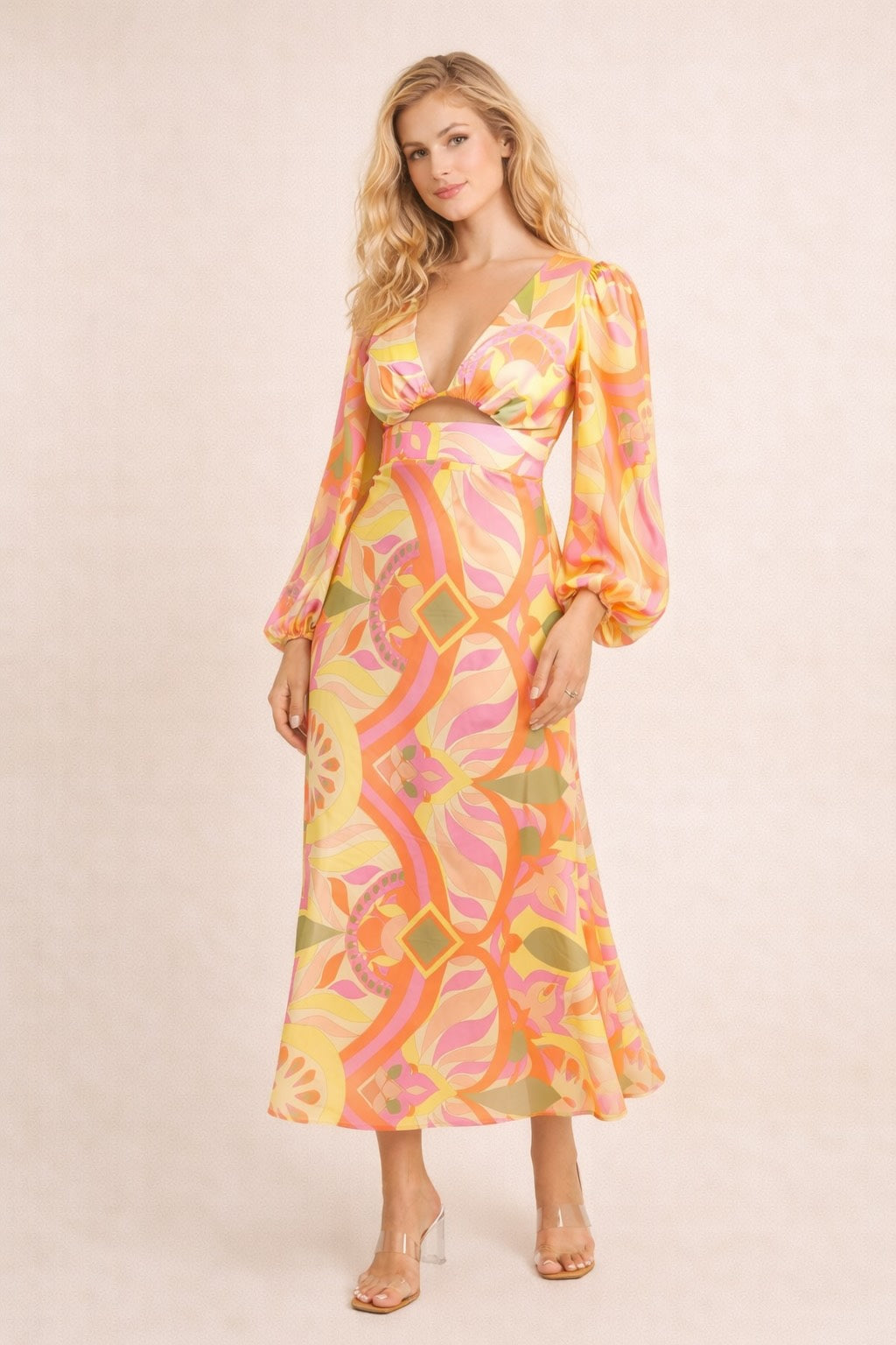 Robe longue imprimée pour femme avec décolleté profond, manches bouffantes, découpe sous poitrine et taille haute, élégante Dressie Dress