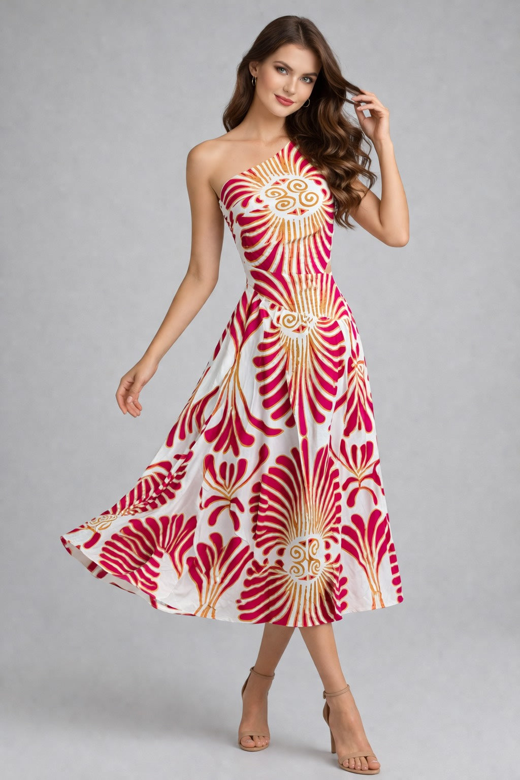 Robe longue imprimée pour femme, à une épaule, encolure asymétrique, taille haute et jupe fluide, marque Dressie Dress