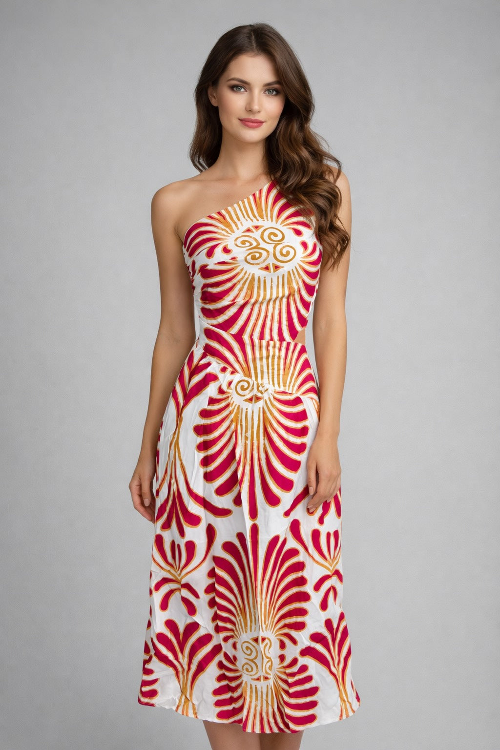 Robe longue fluide pour femme Dressie Dress avec imprimé, une épaule, encolure asymétrique et taille haute, vue de face