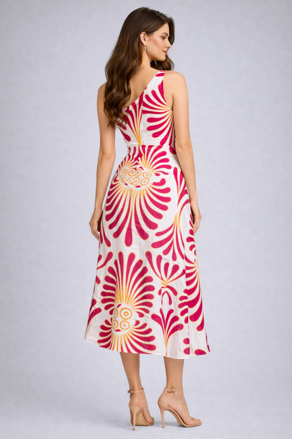 Robe longue imprimée pour femme Dressie Dress, à une épaule, encolure asymétrique, taille haute, jupe fluide élégante.
