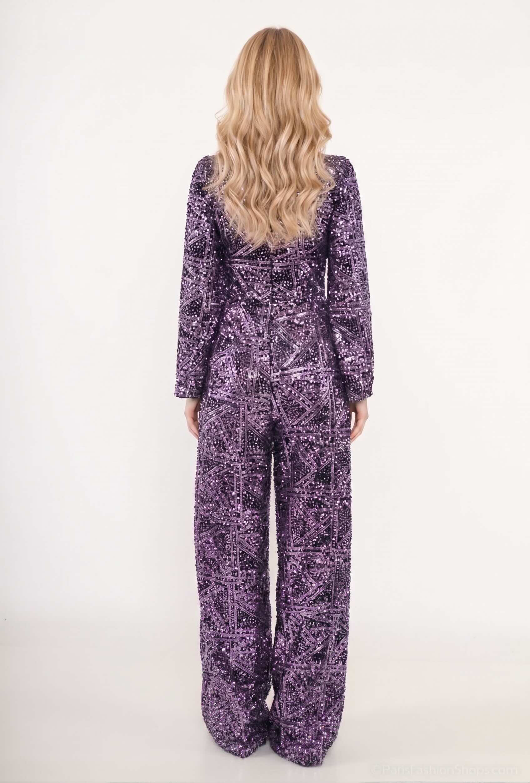 Combinaison femme à sequins géométriques, top court à nœud, découpe taille, pantalon taille haute jambes larges, Dressie Dress.