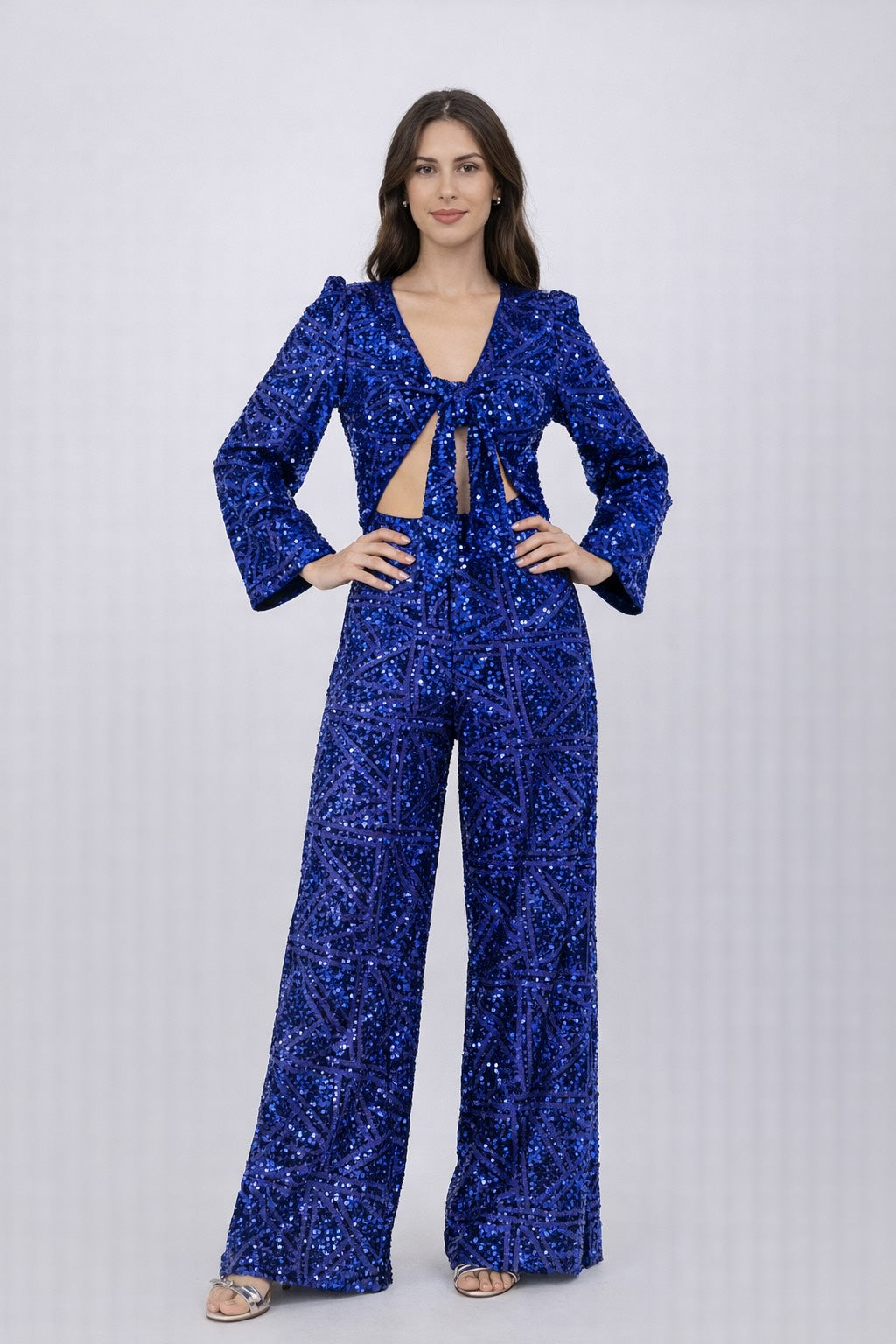 Combinaison pour femme Dressie Dress à sequins géométriques, top court à nœud, pantalon taille haute jambes larges, élégante et tendance.