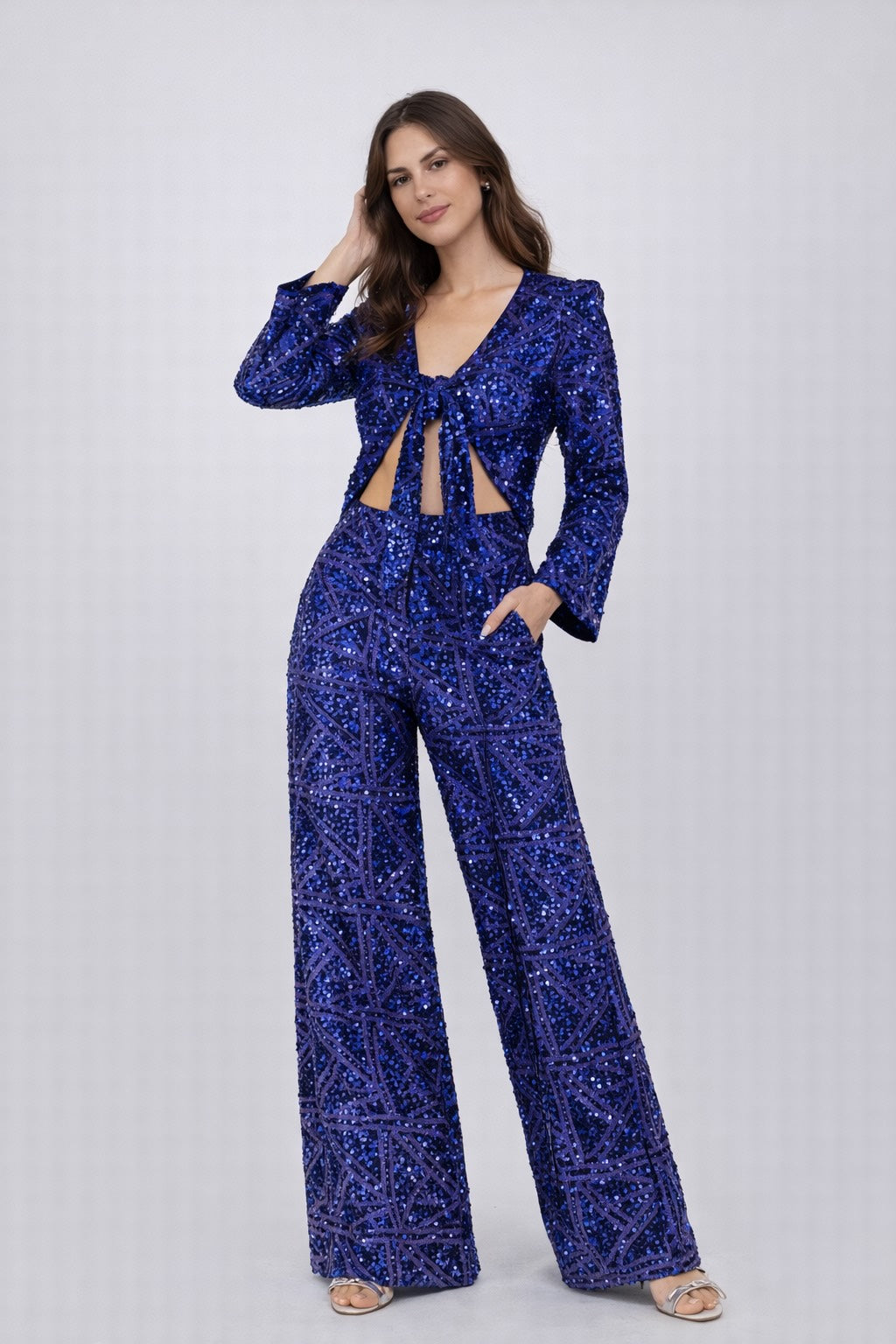 Combinaison pour femme Dressie Dress à sequins géométriques, top court à nœud, taille haute et jambes larges, élégant style de soirée.