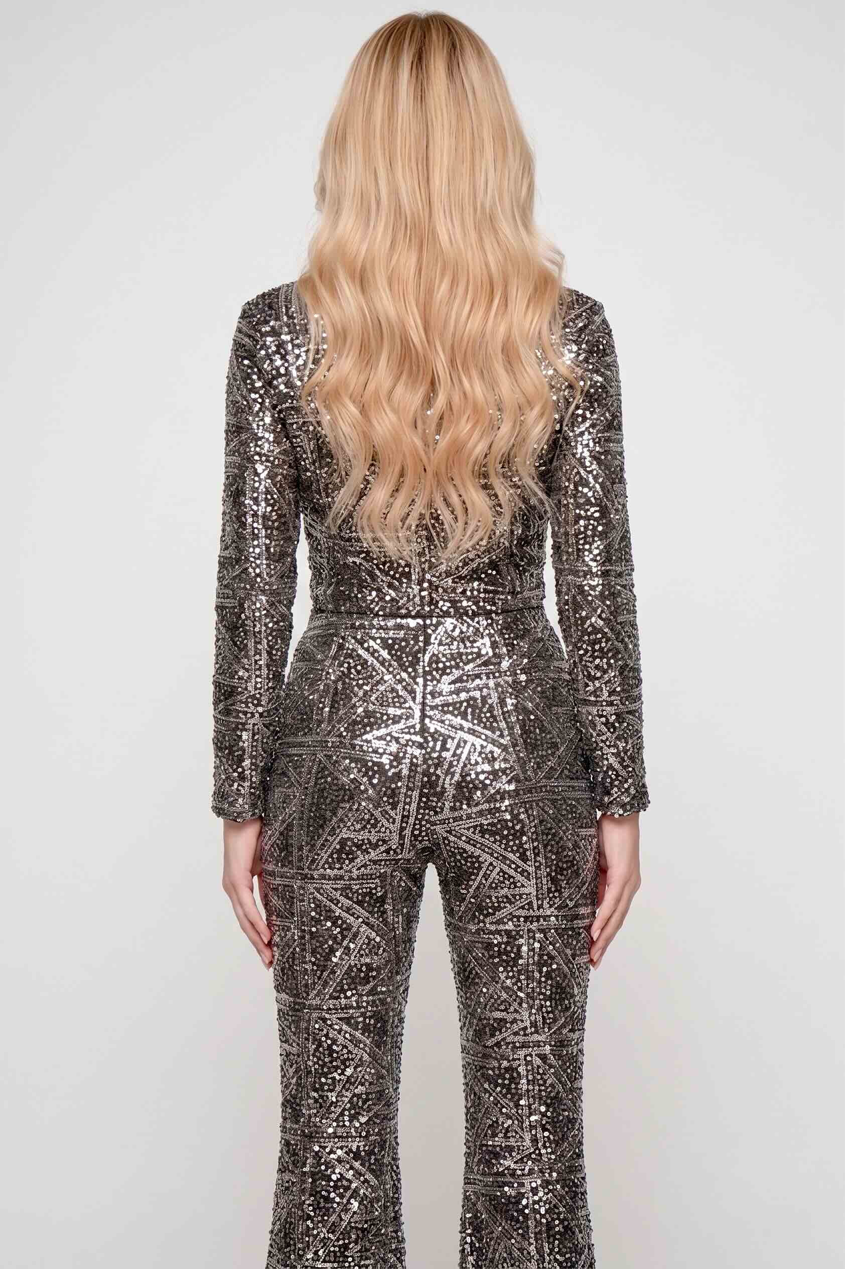 Combinaison femme à sequins géométriques, top court à nœud et pantalon taille haute jambes larges, style élégant Dressie Dress