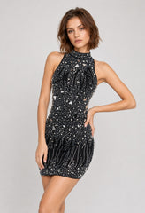 Mini-robe de fête noire pour femme, ultra scintillante avec strass, perles et détails géométriques brillants de Dressie Dress.