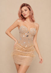 Kristallbesetztes Damenkleid mit vorgeformten Cups, dünnen Trägern, Spiegelverzierungen und Federn – Glitzernde Kleider | Dressie Dress 