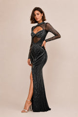 Femme Robe longue moulante à strass avec col montant manches longues en tulle découpe poitrine et fente haute – Robe cristalline sexy | Dressie Dress