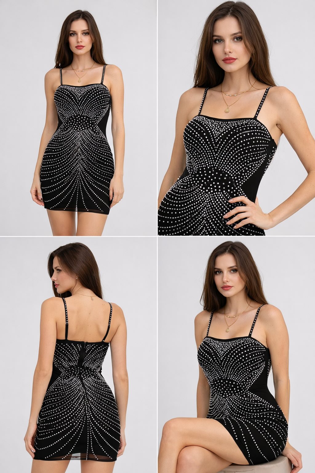 Femme Robe moulante à bretelles avec encolure droite strass all-over et lignes rayonnantes effet sculptant – Robe cristalline | Dressie Dress - Dressie Dress