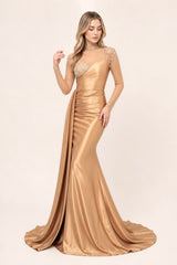 Robes de soirée longue sirène gainante avec col montant et manches longues en tulle illusion strassé buste asymétrique en satin et drapé à la taille avec pan traînant | Dressie Dress