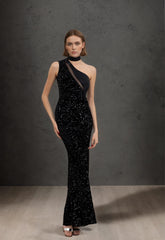 Robes de soirée longue sirène moulante à une épaule avec col choker empiècement tulle illusion et sequins scintillants | Dressie Dress