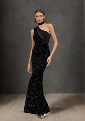 Robes de soirée longue sirène moulante à une épaule avec col choker empiècement tulle illusion et sequins scintillants | Dressie Dress