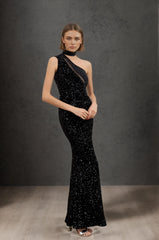 Robes de soirée longue sirène moulante à une épaule avec col choker empiècement tulle illusion et sequins scintillants | Dressie Dress