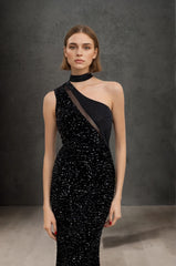 Robes de soirée longue sirène moulante à une épaule avec col choker empiècement tulle illusion et sequins scintillants | Dressie Dress