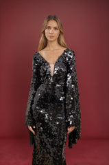 Femme Robe de soirée longue à sequins avec décolleté V plongeant empiècement en tulle et manches cape évasées – Silhouette élégante | Dressie Dress