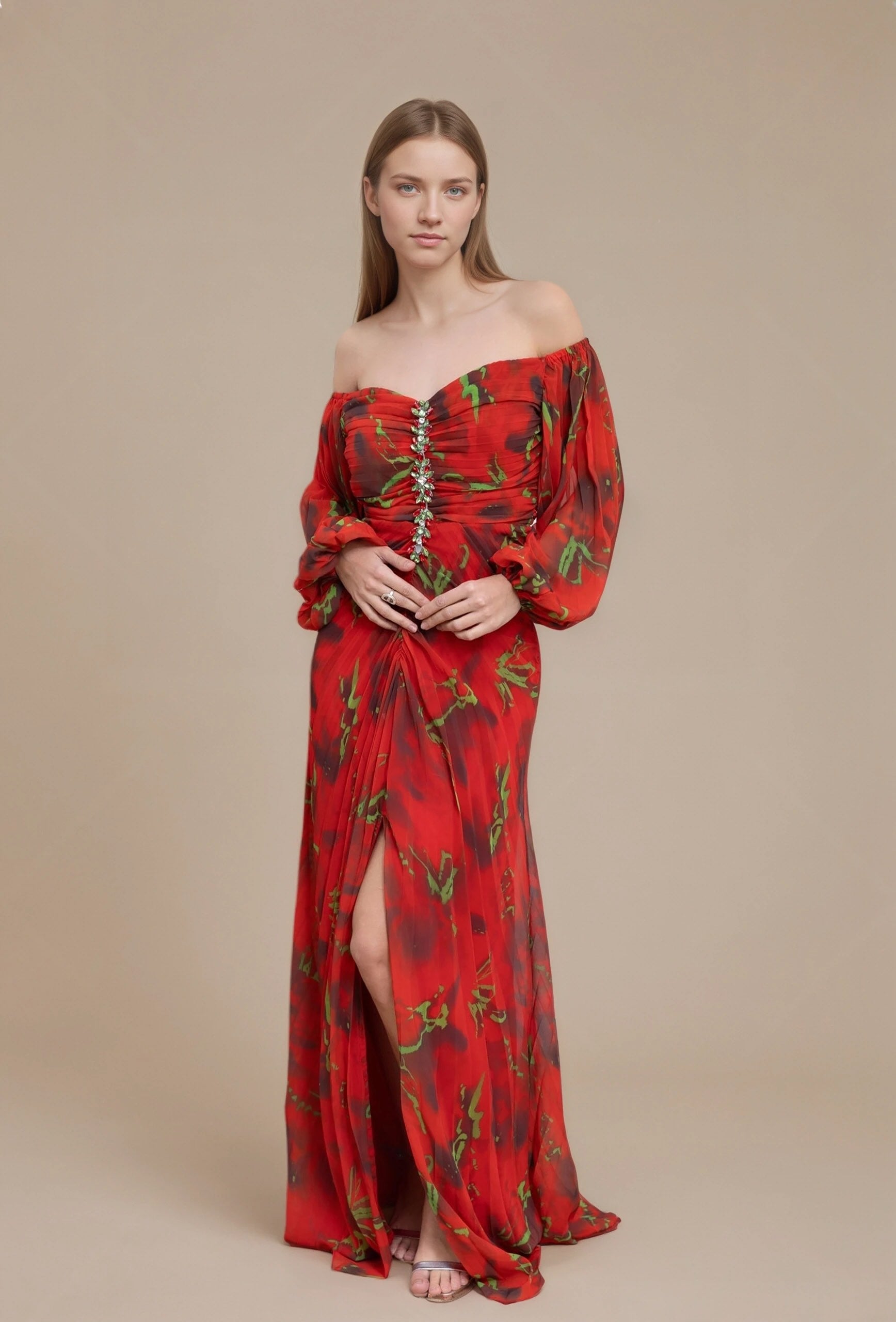 Robes imprimées longue épaules dénudées manches bouffantes transparentes fronces gainantes boutons bijoux et fente | Dressie Dress - Dressie Dress