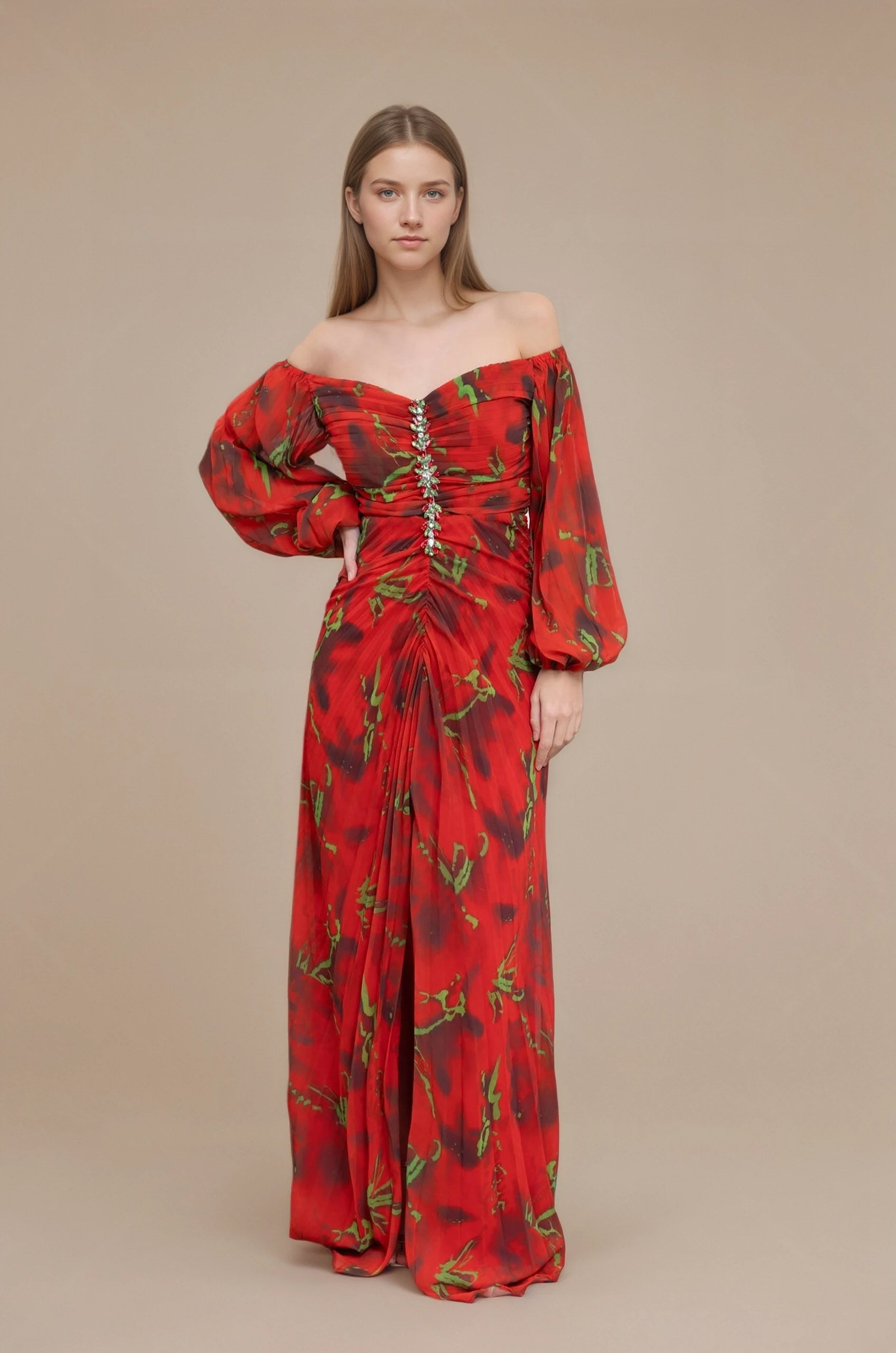 Robes imprimées longue épaules dénudées manches bouffantes transparentes fronces gainantes boutons bijoux et fente | Dressie Dress - Dressie Dress