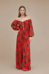 Robes imprimées longue épaules dénudées manches bouffantes transparentes fronces gainantes boutons bijoux et fente | Dressie Dress - Dressie Dress