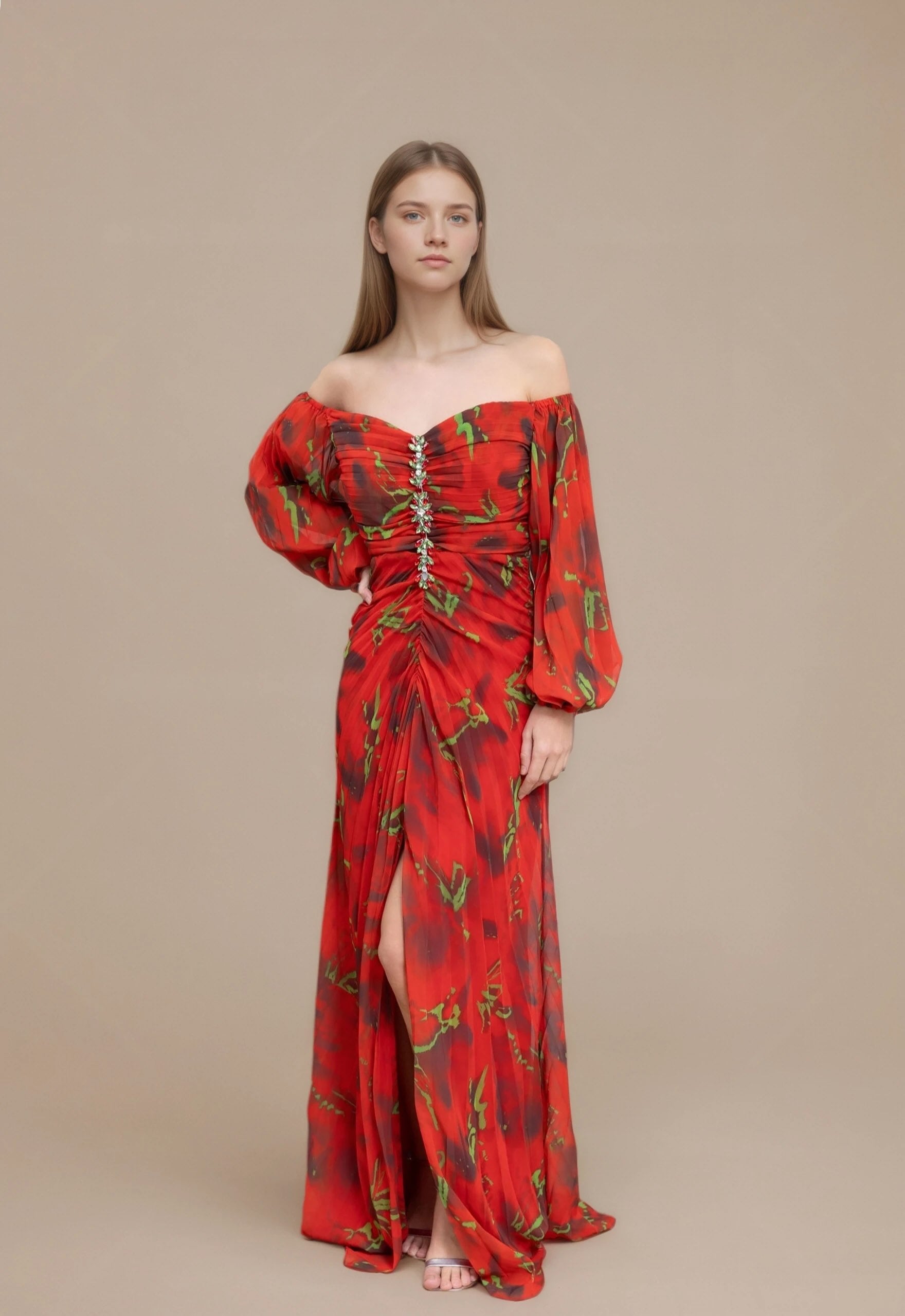 Robes imprimées longue épaules dénudées manches bouffantes transparentes fronces gainantes boutons bijoux et fente | Dressie Dress - Dressie Dress