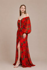 Robes imprimées longue épaules dénudées manches bouffantes transparentes fronces gainantes boutons bijoux et fente | Dressie Dress