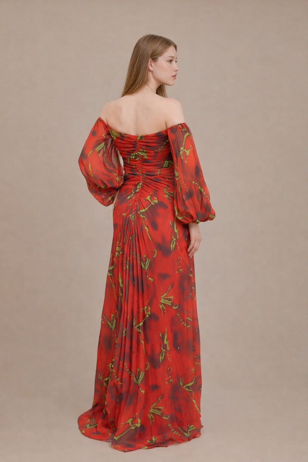 Robes imprimées longue épaules dénudées manches bouffantes transparentes fronces gainantes boutons bijoux et fente | Dressie Dress - Dressie Dress