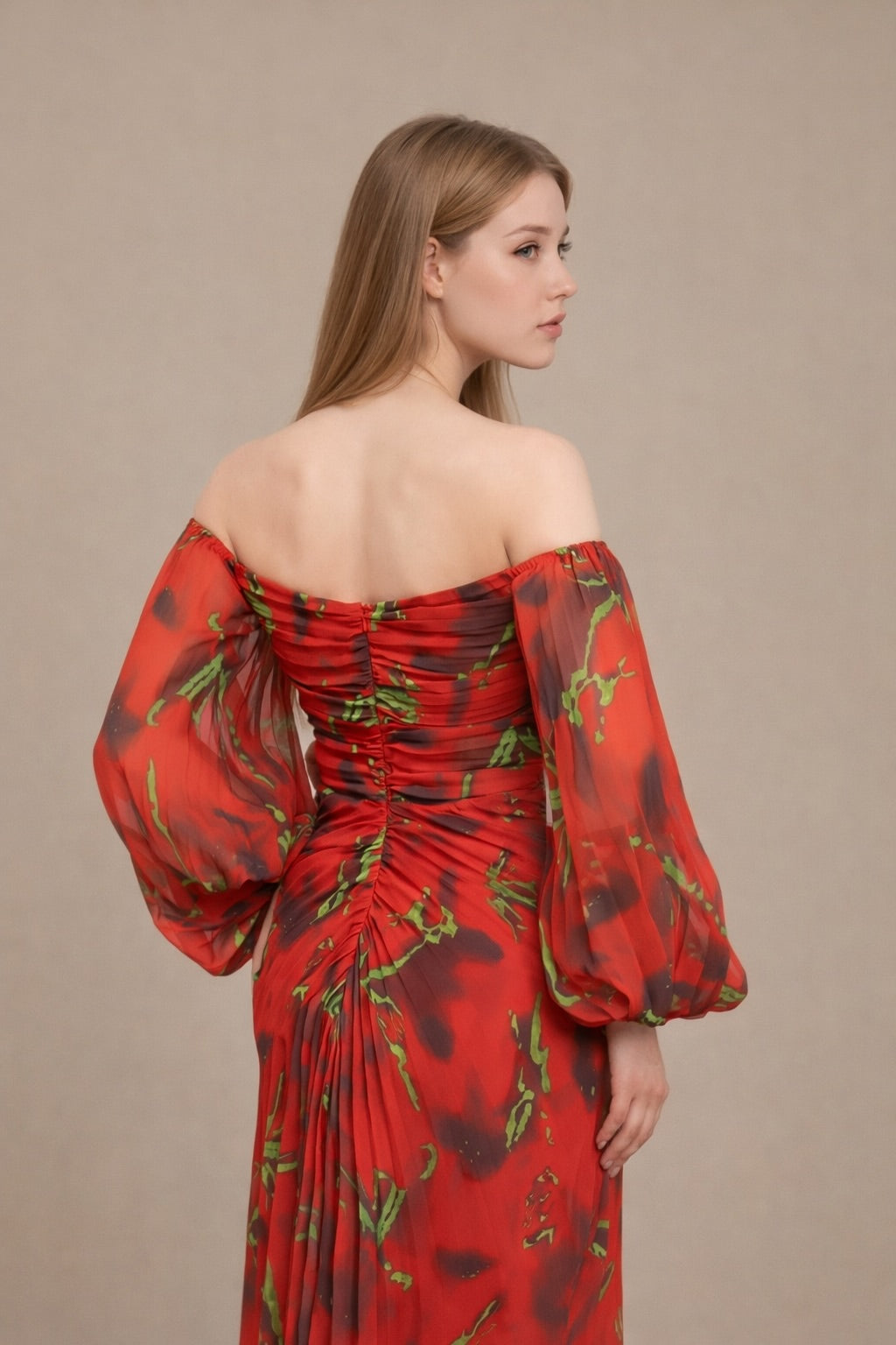 Robes imprimées longue épaules dénudées manches bouffantes transparentes fronces gainantes boutons bijoux et fente | Dressie Dress - Dressie Dress
