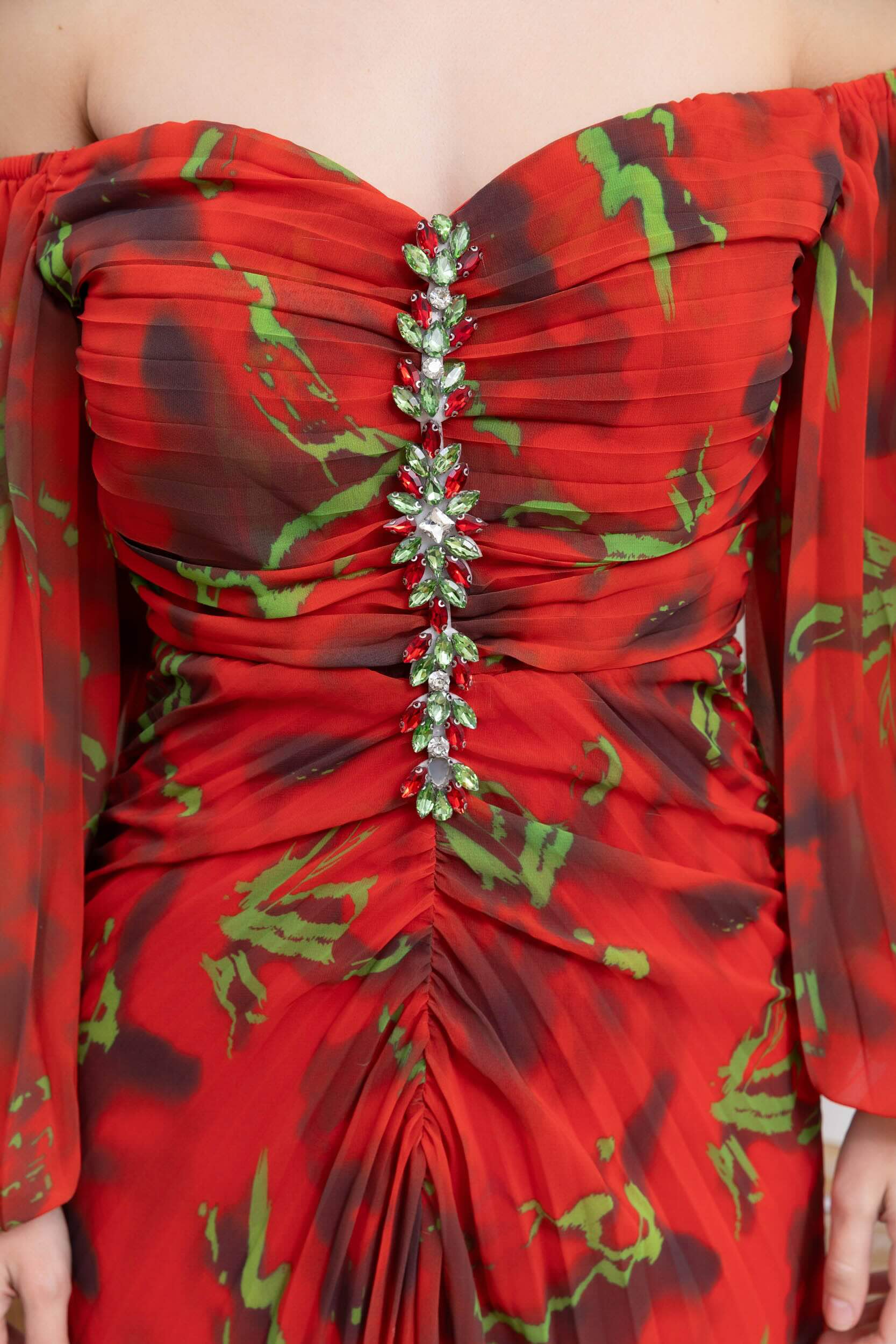 Robes imprimées longue épaules dénudées manches bouffantes transparentes fronces gainantes boutons bijoux et fente | Dressie Dress - Dressie Dress