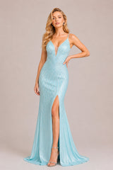 Robe de soirée longue pour femme Dressie Dress, tulle rayé avec strass, décolleté profond, fente haute en coupe sirène.