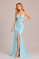 Robe de soirée longue pour femme, tulle avec strass rayés, décolleté profond, coupe sirène, fente haute, idéale pour gala et mariage.
