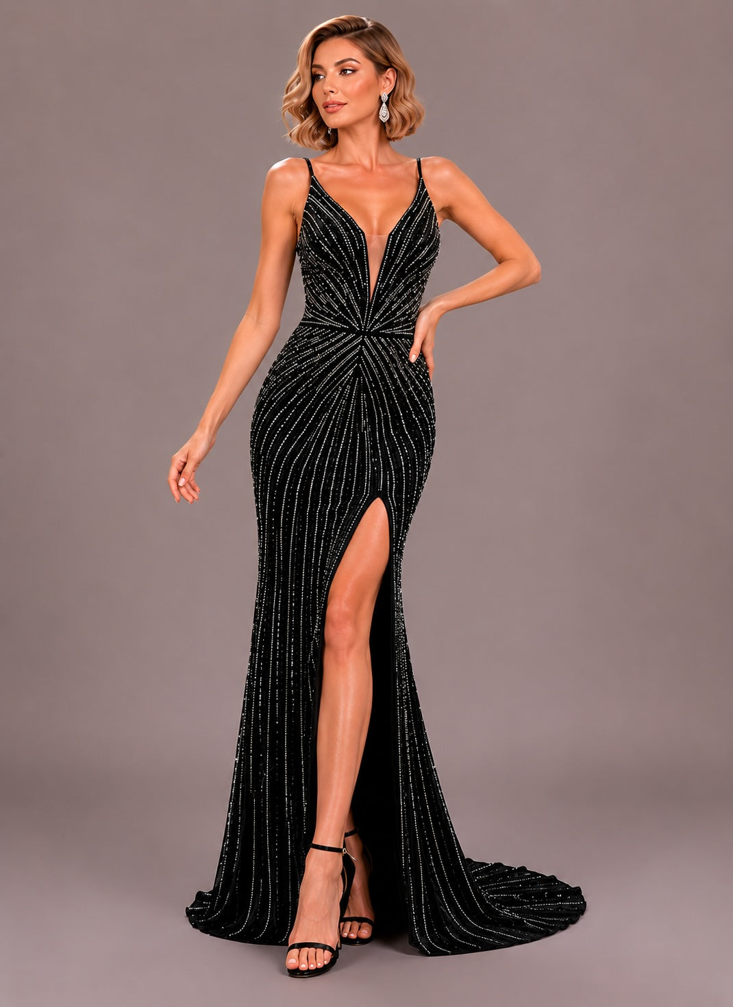 Robe de soirée longue noire pour femme, sirène avec strass, décolleté profond, fines bretelles, en tulle avec fente haute, par Dressie Dress