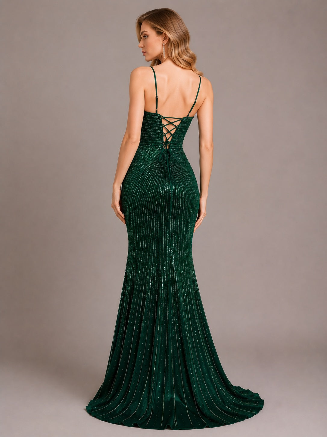 Robe de soirée longue vert foncé pour femme, sirène, à fines bretelles, strass, décolleté profond, fente haute en tulle.