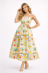 Robe femme imprimée à fines bretelles croisées, découpe à la taille, jupe midi évasée, style romantique et chic, marque Dressie Dress