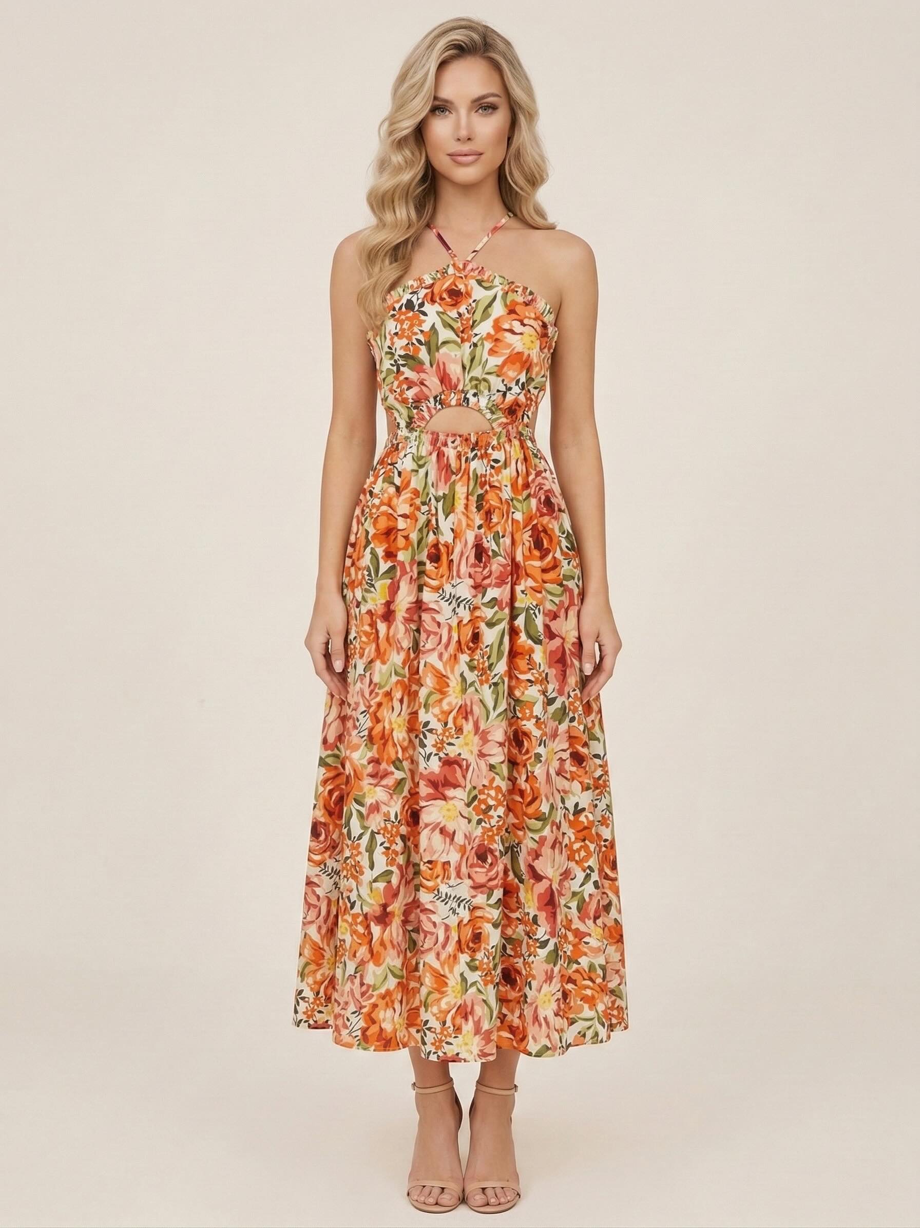 Robe longue femme Dressie Dress à fines bretelles croisées, découpe à la taille et jupe midi évasée, style romantique et chic.