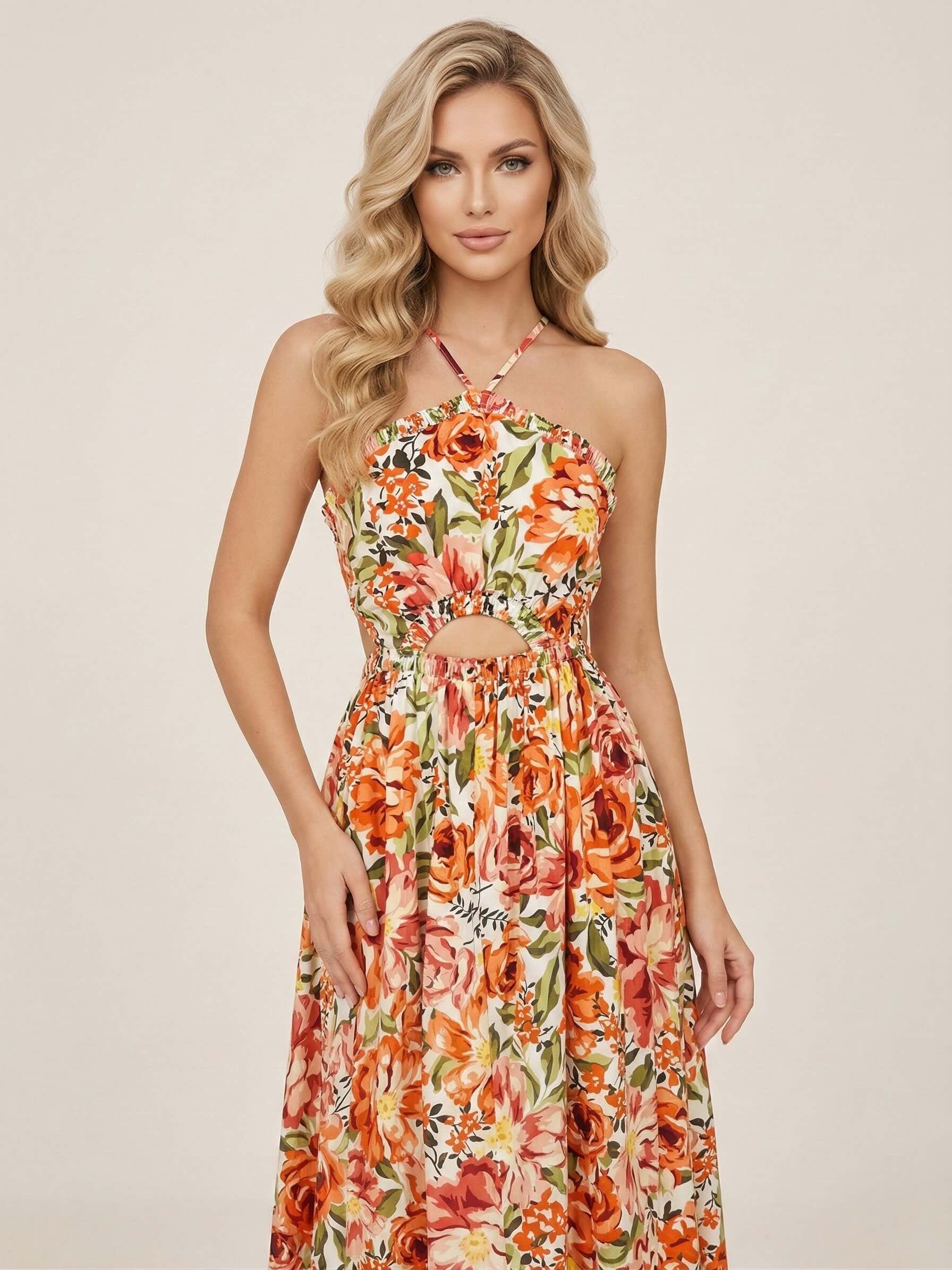 Robe féminine imprimée à fines bretelles croisées, taille cintrée et jupe midi évasée, style romantique et chic Dressie Dress.