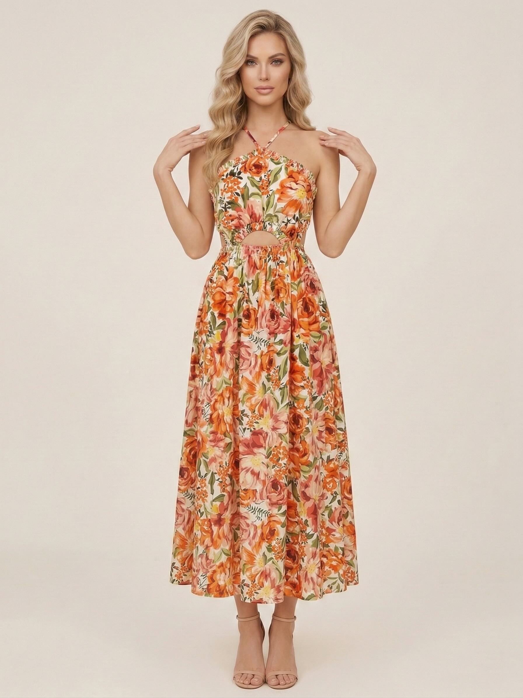 Robe femme imprimée orange Dressie Dress avec fines bretelles croisées, découpe à la taille et jupe midi évasée, look chic féminin